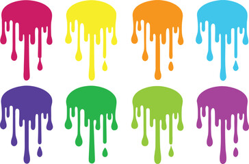 Collection of colorful dripping paint splatters and blobs in vibrant rainbow hues