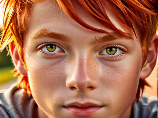 Random photo effect, close-up of a striking red-haired boy looking at the camera on a summer day during golden hour. Sophisticated elegance.