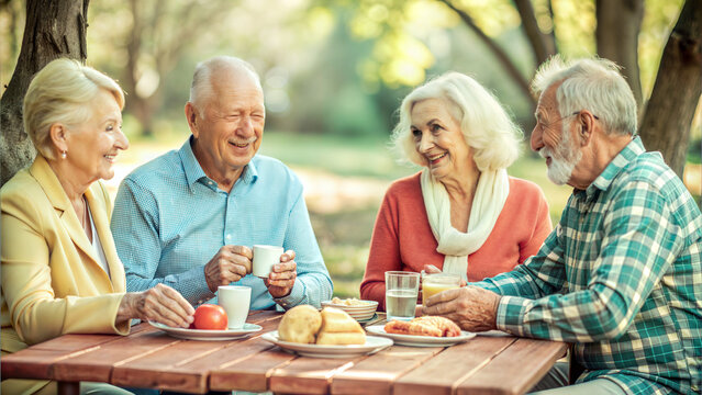 Elderly couples enjoying a picnic at a wooden table in a sunny park setting - Powered by Adobe