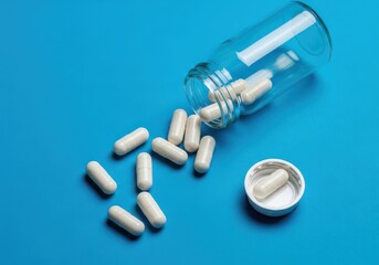 White capsules spill out of a glass bottle onto a bright blue surface, with one capsule in the cap