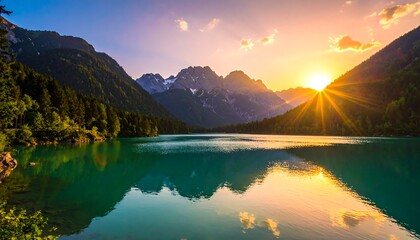 A majestic landscape showcases a serene lake nestled between lush, forested hills and towering, snow-capped mountains at sunrise. The sun bursts brilliantly