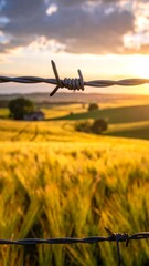 Naklejka premium Golden field with barbed wire fence at sunset