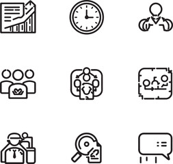 Business and Teamwork Icons with Graphs, Clock, and Meeting Symbols document paper