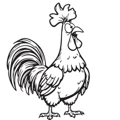 Crowing Rooster Vector — Black and White Cartoon Illustration of Expressive Farm Animal with Open Beak and Stylized Feathers