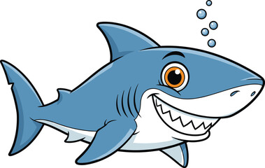 Cartoon smiling shark, ocean animal illustration, underwater marine predator, cute vector shark, toothy grin fish, blue sea creature art, aquatic wildlife character design clipart