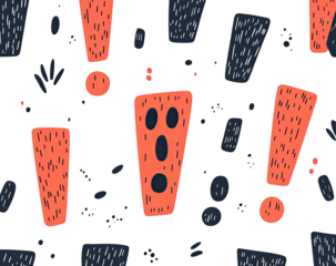 Cartoon exclamation point pattern with orange and blue on black ground