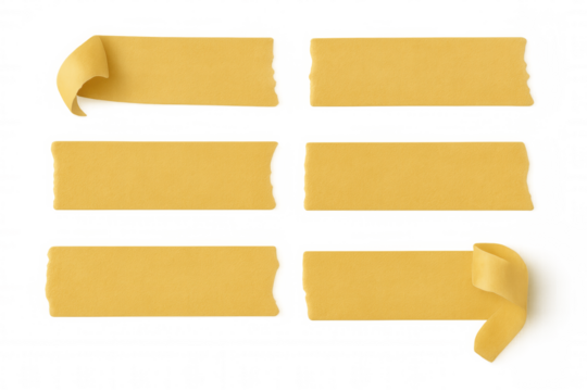 Yellow masking tape pieces set with torn edges and curled corners, creating sticker frames with transparent background