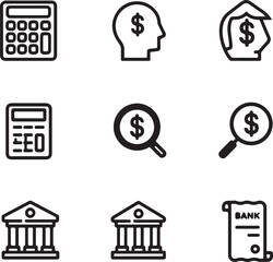 Nine black and white icons for finance and business including calculator money search and bank