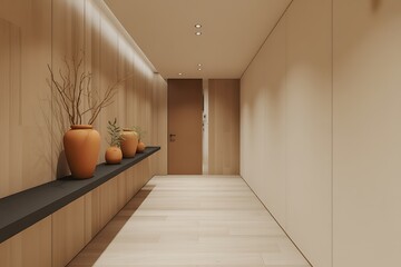 Modern hallway design with wooden accents and minimalist decor creates a sense of tranquility and understated elegance