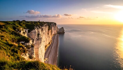 A picturesque coastal scene captured at sunset. Cliffside structures overlook a calm sea reflecting the golden light, painting a serene panorama