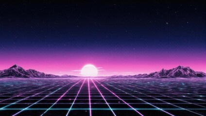 A vibrant, retro landscape showcases a grid path leading to a rising sun amidst mountains and starry sky