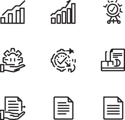 Set of nine business and finance related line icons including charts, documents, and gears collection