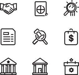 Set of nine business and finance related line art icons including handshake magnifying glass document and bank