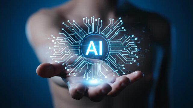 Closeup of a persons hand holding a glowing ai circuit board, symbolizing artificial intelligence and advanced technology vector illustration