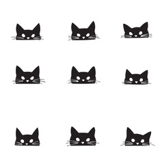 Black Cat Expressions Vector — 3x3 Grid of Stylized Cartoon Cat Heads with Varying Facial Features in Minimalist Black and White