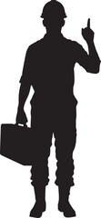 Silhouette of a construction worker holding a briefcase and pointing upwards with his index finger on a white background