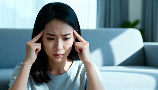 asian woman massaging temples for sinus pain, bright living room light, focused quiet relief posture