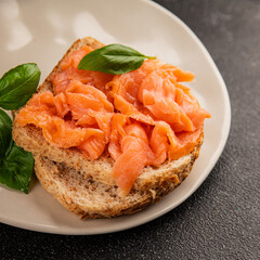 sandwich salmon smoked fish open sandwich delicious fresh portion size natural product tasty snack fresh delicious gourmet food background on the table rustic top view copy space pescetarian diet