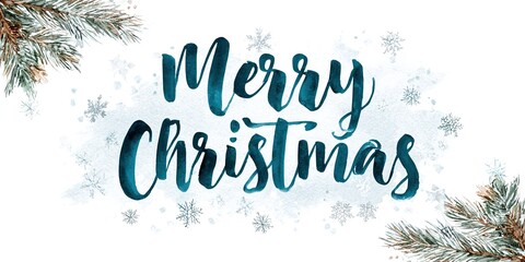 Stylized inscription "Merry Christmas" in dark blue watercolor calligraphic font, surrounded by a frame of snowy fir branches and snowflakes on a pale blue background with paper texture