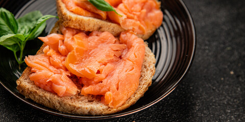 sandwich salmon smoked fish open sandwich delicious fresh portion size natural product tasty snack fresh delicious gourmet food background on the table rustic top view copy space pescetarian diet