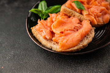sandwich salmon smoked fish open sandwich delicious fresh portion size natural product tasty snack fresh delicious gourmet food background on the table rustic top view copy space pescetarian diet