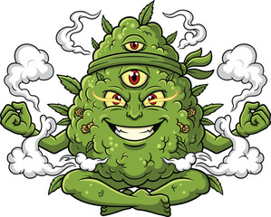 Funny marijuana bud cartoon, weed guru character, smoking joints, third eye, meditating pot plant, trippy illustration, green stoner mascot, vapor clouds, comic cannabis design