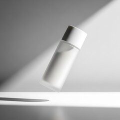 Minimalist Frosted Glass Bottle with White Cap Product Display on White Background with Creative Light and Shadow Play
