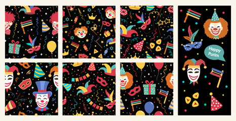 Happy Purim Jewish Holiday seamless pattern set. Traditional Purim carnival symbols  design icon set for greeting card. 