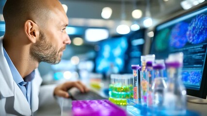Molecular Biologist Using CRISPR Gene Editing Technology In Modern Genetics Laboratory. Male Scientist Analyzing DNA Sequences On Multiple Monitors While Operating Advanced Genetic - Powered by Adobe