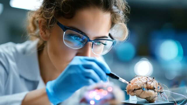 Neurotechnology Research Team Developing Brain-Computer Interfaces In High-Tech Medical Laboratory. Scientists Working With Neural Implants, EEG Equipment And Advanced Brain Tissue