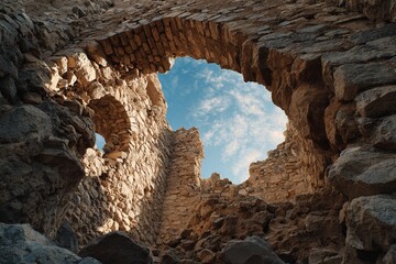 View through stone opening of ruined wall of ancient fortress or castle onto other ruins against blue sky