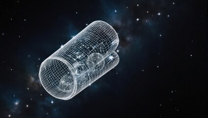 A wireframe illustration of a futuristic cylindrical object floating within a starry cosmic environment