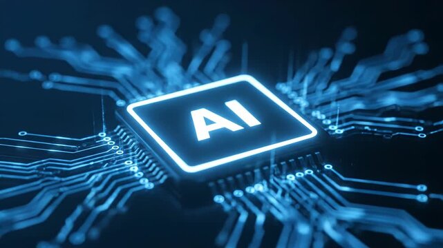 Closeup of a glowing ai chip on a circuit board, representing artificial intelligence and advanced computing technology vector illustration
