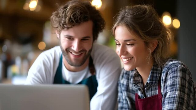 Partners in a coffee shop smiling while responding to customer queries on a laptop, small retail customer service, shop owners online support, young entrepreneurs laptop chat, stor