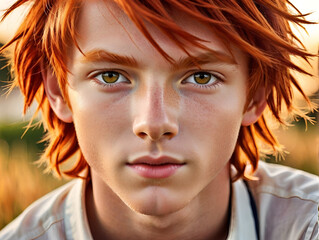 Random photo effect, close-up of a striking red-haired boy looking at the camera on a summer day during golden hour. Sophisticated elegance.