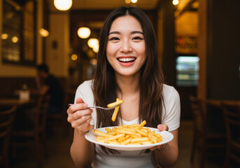 Smiling Person Holding French Fries in Cozy Restaurant