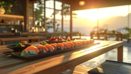 A long wooden table is set with a platter of sushi, sunlit with a golden sunset. The restaurant has large windows overlooking a blurred seascape