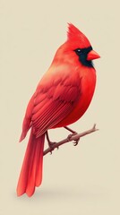 Vibrant Red Cardinal Perched on a Branch Against Beige Background.