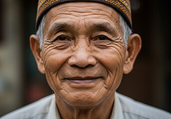 Close-Up Portrait of Elderly Person with Patterned Cap and Gentle Expression