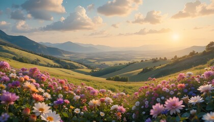 Obraz premium Colorful wildflowers at sunset with rolling hills and mountains