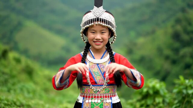 Hmong Girl in Traditional Dress - A young Hmong girl smiles directly at the camera while wearing traditional clothing including an ornate headdress and detailed embroidered tunic.