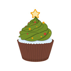 A cute Christmas tree-shaped cupcake with a star on top. This festive dessert is perfect for holiday cards, baked goods, or sweet winter projects.