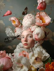 An elegant, stylish, and expensive fashion portrait in the style of glossy magazines, where the model emerges from a bouquet of flowers like the most beautiful flower