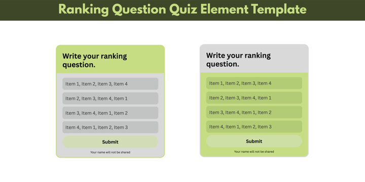 Ranking question quiz element template write your ranking order priority list, interactive survey poll with four item sorting options, green olive gray UI design card component, preference assessment 