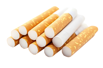 Pile of tan cigarettes with white filters against a black background