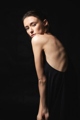 Naklejka premium woman with wet Hair. Beautiful sexy model Girl in black Dress