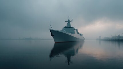 Naklejka premium Large Naval Ship Anchored in Calm Waters Under a Misty Morning Sky
