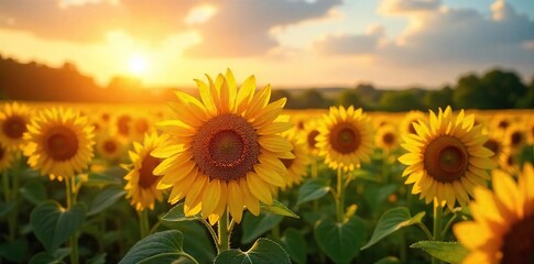 Obraz premium Golden Hour Sunflowers Serene Summer Field of Vibrant Yellow Blossoms, Idyllic Nature Scene Perfect for Agriculture, Growth, and Warmth Themes