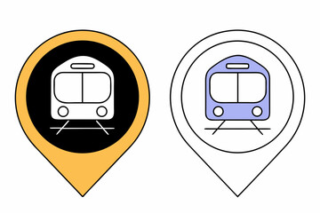 Two stylized map pin icons featuring simplified train illustrations one in black and yellow the other in outline with blue accents