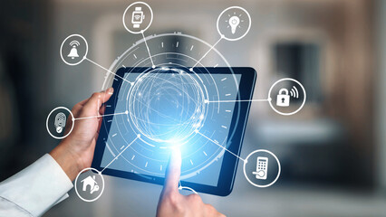 Home security icons show smart home, surveillance, and safety devices. Home security ensures...